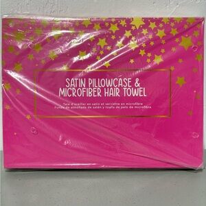 Satin Hot Pink Pillowcase & Star Print Microfiber Hair Towel Arcadia Beauty NEW